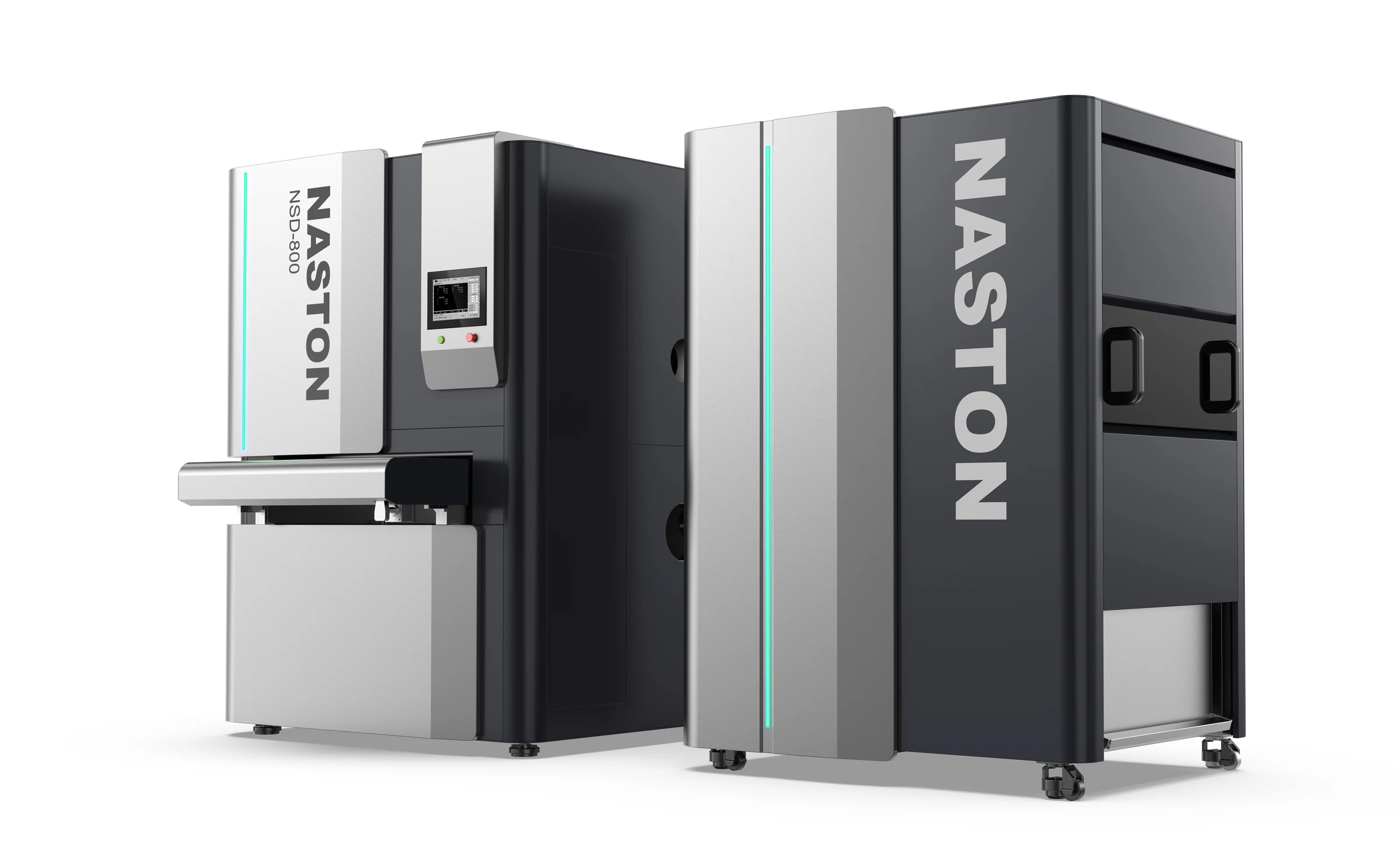 Three-quarter view of the redesigned NSD-800 polishing machine showing silver vertical enclosures, dark functional zones and integrated branding.