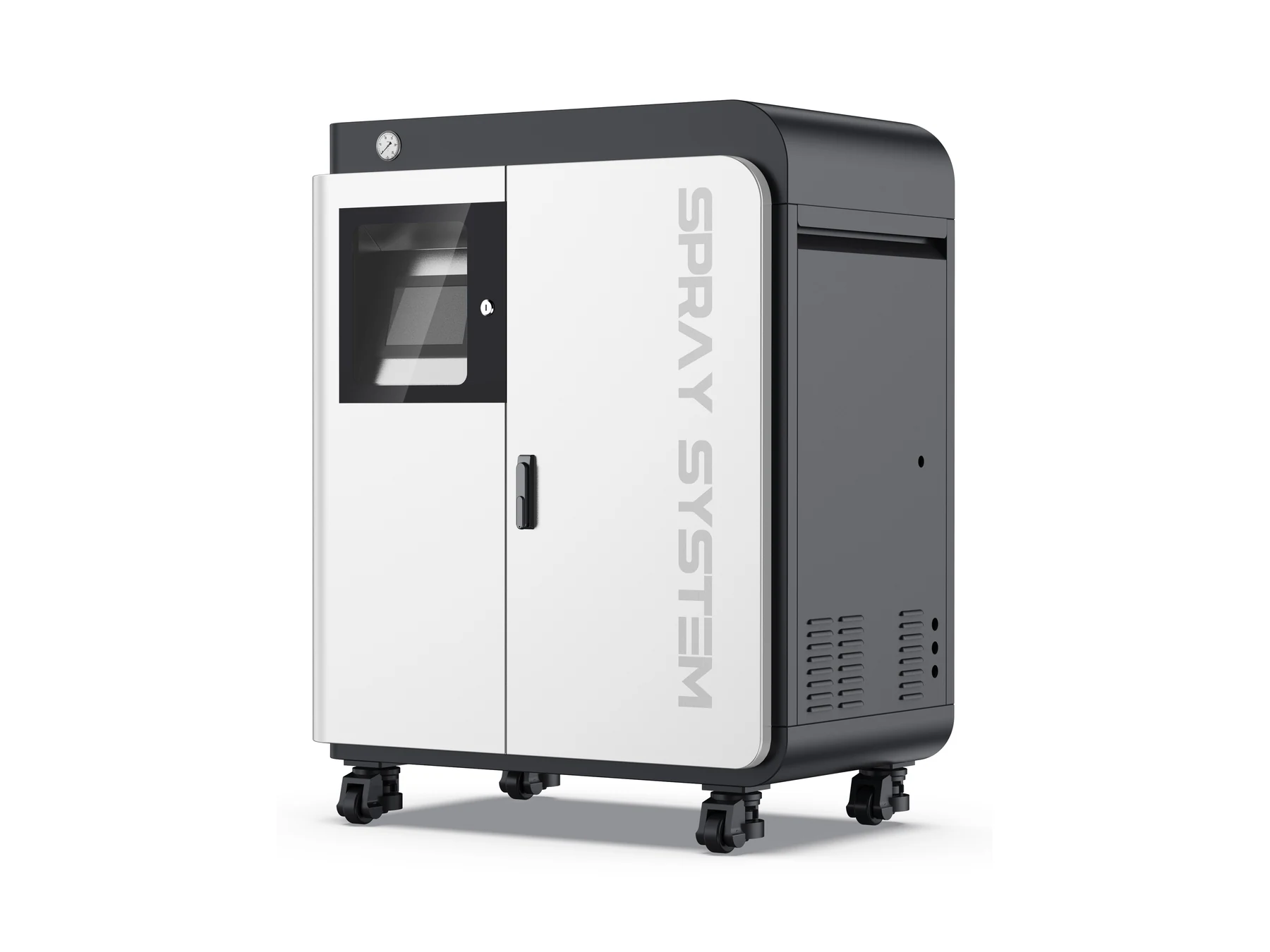 Right three-quarter rendering of the industrial control cabinet showing the wrapped dark side enclosure, ventilation slots and mobile caster base.