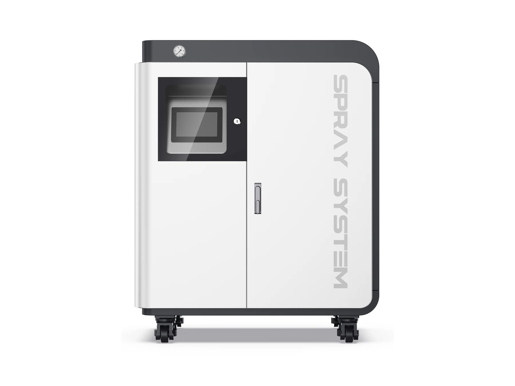 Front rendering of the industrial control cabinet showing the dark observation area, service door, handle and vertical product graphics.
