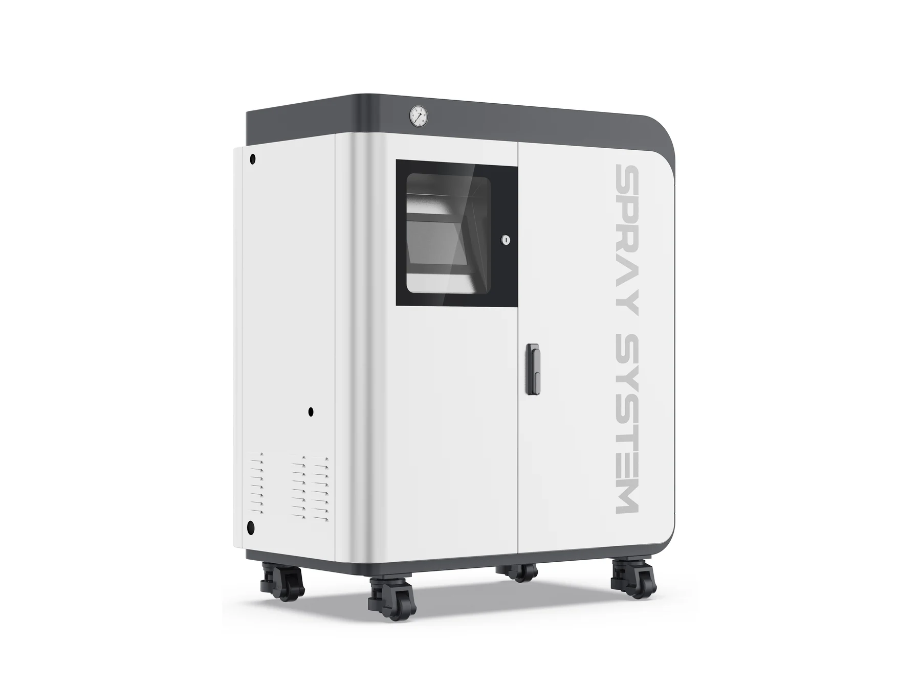 Three-quarter rendering of an industrial control cabinet with a white front enclosure, dark outer frame, observation window and caster base.