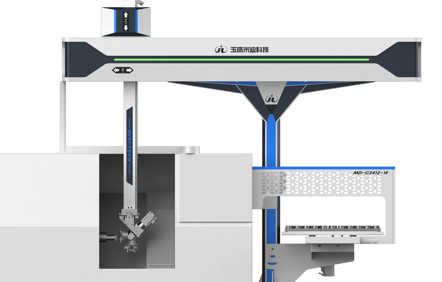 Detail rendering of the redesigned gantry robot highlighting the horizontal beam, X/Z motion markings, green status light and material handling zone.
