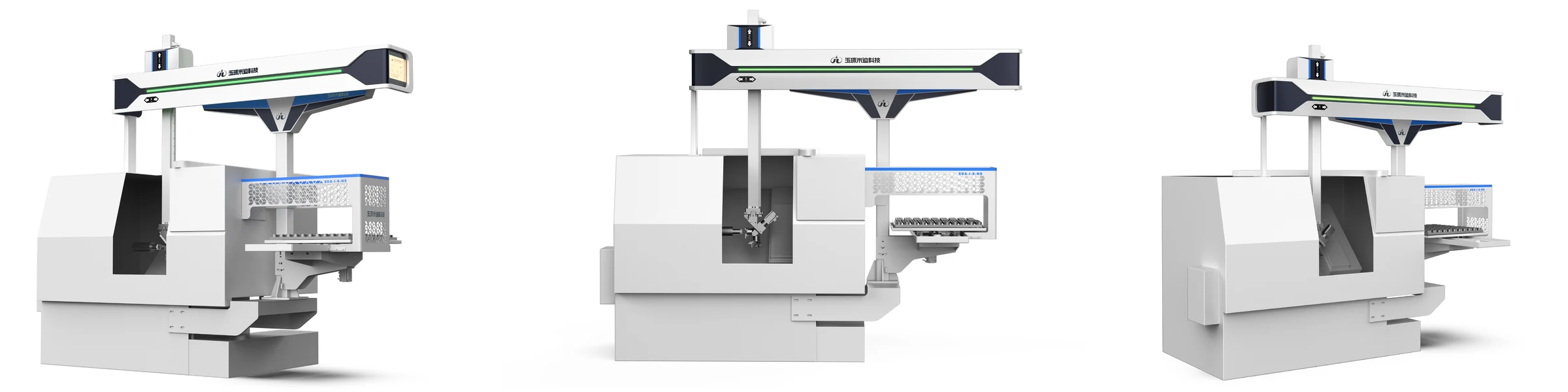 Three-view rendering of the redesigned gantry loading and unloading robot showing the integrated horizontal beam, blue Z-axis and coordinated machine enclosure.