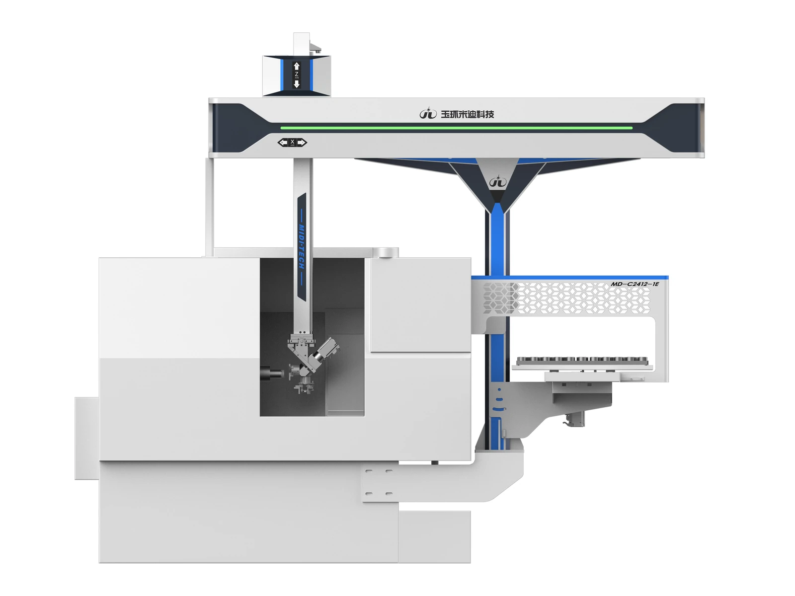Gantry loading and unloading robot after exterior and CMF redesign, with an integrated horizontal beam, blue Z-axis and coordinated machine enclosure.
