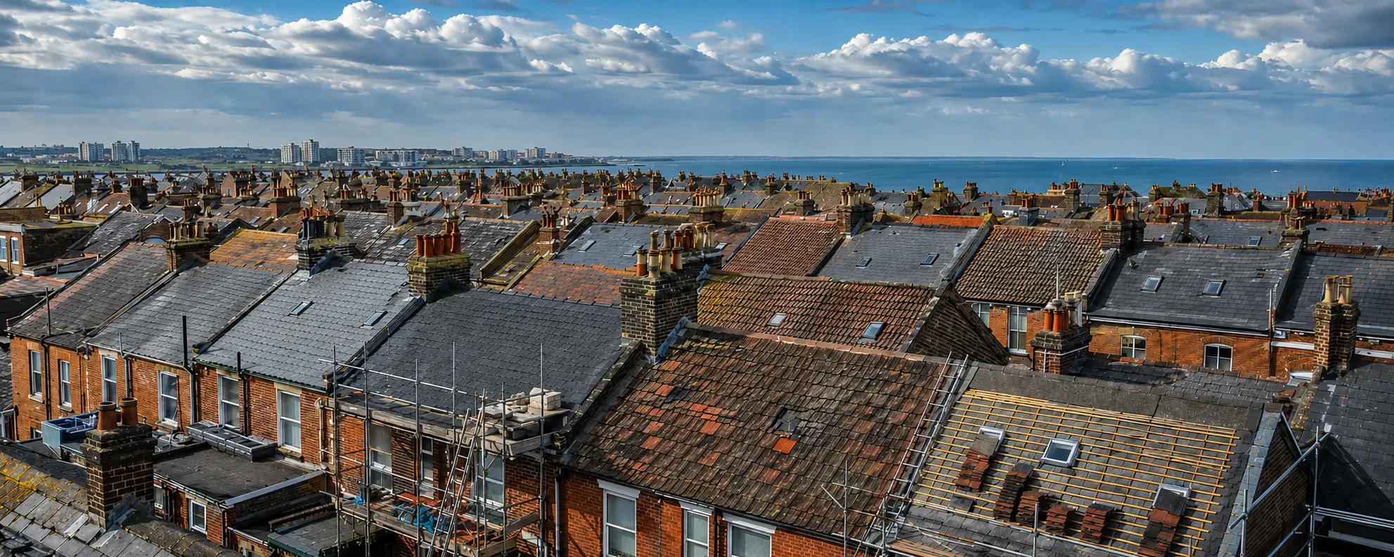 Portsea Island packs terraces tighter than anywhere in England outside London, and salt air off the Solent works on every one of them. We inspect, repair and replace roofs across Portsmouth with a plan for access before a crew ever arrives.