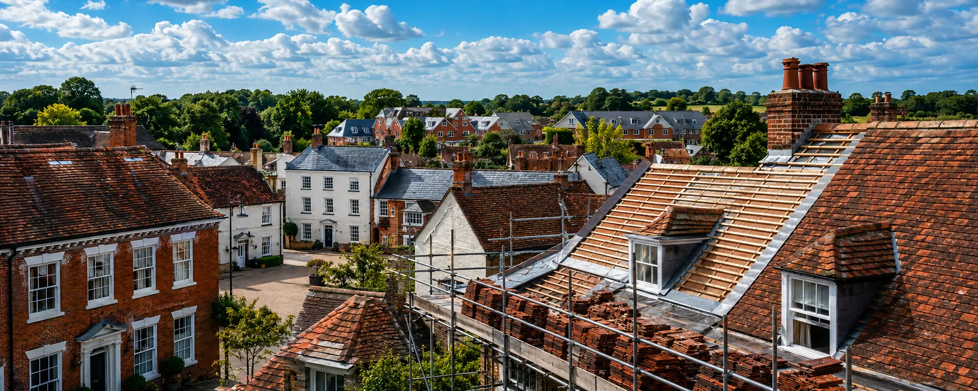 Wickham's Georgian square is one of the finest in the county and almost all of it is listed. We repair and replace roofs across the village and the Meon Valley, on historic property and modern housing alike.