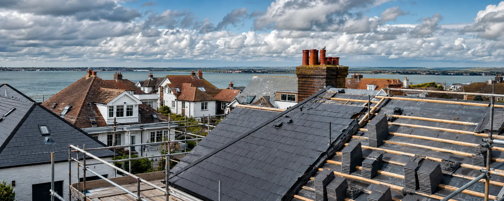 Gosport sits on a peninsula with water on three sides, and its roofs take weather from every direction. We repair and replace roofs across Gosport, Lee-on-the-Solent and Alverstoke with fixings and details chosen for coastal exposure.