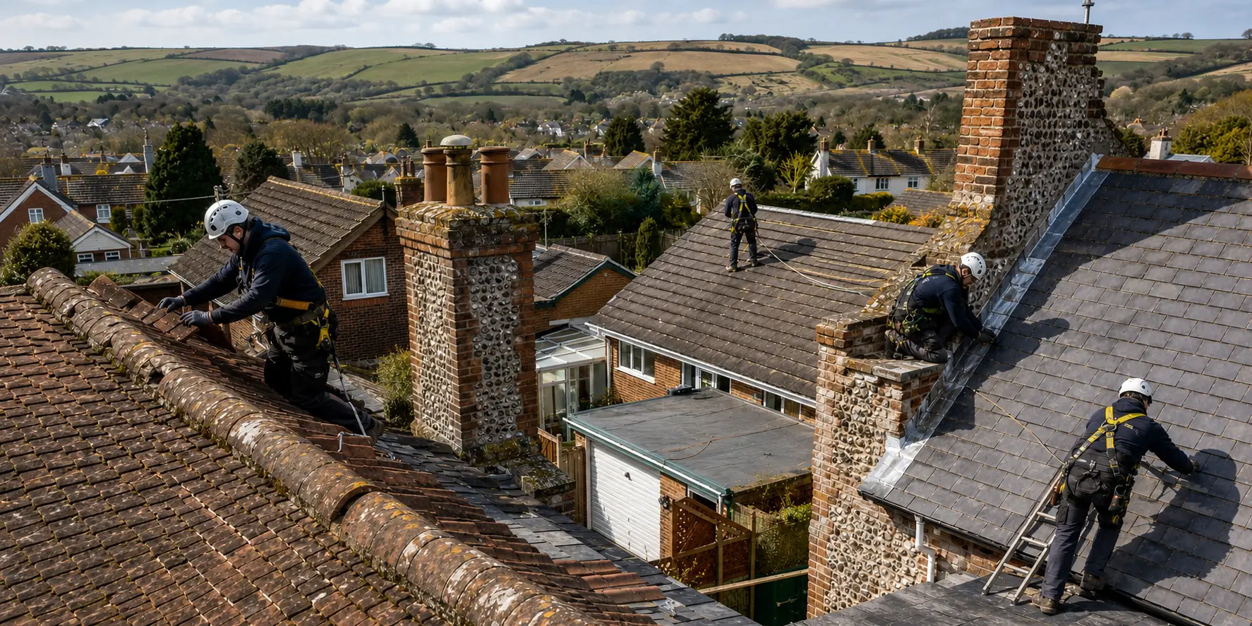 Horndean's older heart grew around brewing, and it still holds Victorian brick and flint property with clay tile and slate roofs, some of it with the steep pitches and altered shapes that come with buildings changed over a century. Around and above it, Catherington, Blendworth and the later estates brought large-scale twentieth century housing: concrete interlocking tiles, trussed rafters, mortar ridges and verges, and the usual complement of garages, extensions and conservatories. The village sits on rising chalk ground, which means exposure increases as you go up. Roofs on the higher streets see noticeably more wind than those in the dip, and it shows in cracked ridge bedding, shelling verges and flashings that have worked loose at abutments. Very often the covering is fine and the details have failed. We inspect the whole roof, in the loft as well as from outside, and quote for the parts that need work.