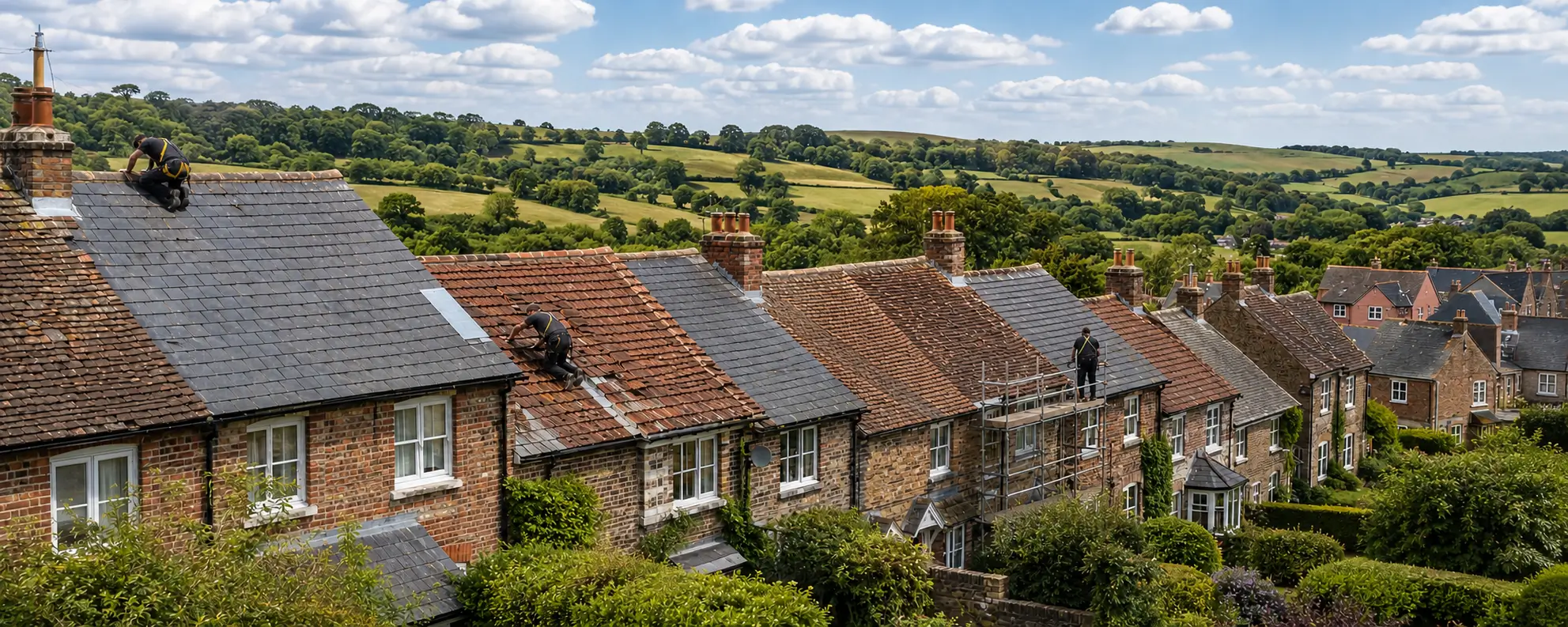 Overton grew around its mill on the Test, and the housing built for the mill workforce still defines much of the village: regular brick terraces and semis, clay tile and slate, laid to a consistent pattern and now all of a similar age. Around them are older cottages, twentieth century estate housing and modern development on the edges, plus farms and outbuildings in the surrounding countryside. Housing built together fails together, and on Overton's older terraces that shows up as nail fatigue in slate, perished underfelt where felt exists at all, and mortar ridge and verge work reaching the end of its life across a whole run of houses. None of that means every roof needs replacing at once. Exposure, orientation and previous repairs put neighbouring properties years apart. We get into the loft, look at the fixings and the timber, and quote for the roof in front of us.