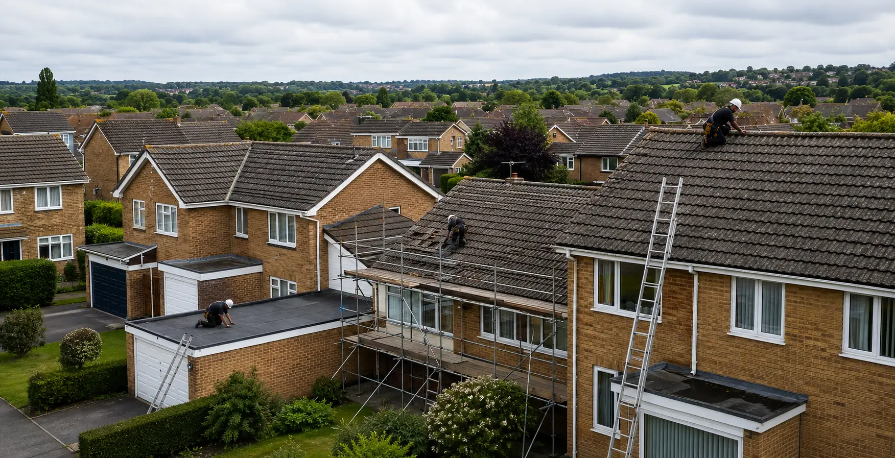 Basingstoke expanded from the 1960s under a London overspill agreement, and the housing built in that push defines the town's roofline: estate after estate of concrete interlocking tiles on trussed rafters, with mortar-bedded ridges and verges, timber or early uPVC rooflines and a flat-roofed garage attached to a great many of them. Popley, Brighton Hill, Buckskin, South Ham, Chineham and the rest were built to a handful of designs within a few years of each other, which means their coverings and rooflines reach the end of their working lives on a similar timetable. The town also holds older property, from what remains of the pre-expansion centre to the surrounding villages, along with a large stock of commercial and industrial units carrying flat roofs. We work across all of it: repairs, full replacements, flat roofing in GRP, EPDM and felt, chimneys and leadwork, timber repairs, ventilation and complete roofline replacement. Survey first, written quotation second, work third.