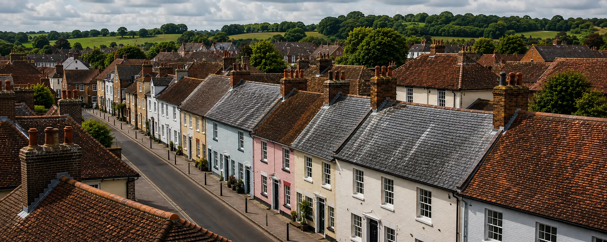 New Alresford's colour-washed Georgian street is one of the most photographed in Hampshire, and most of it is listed. We repair and replace roofs here in materials and methods that suit the buildings.