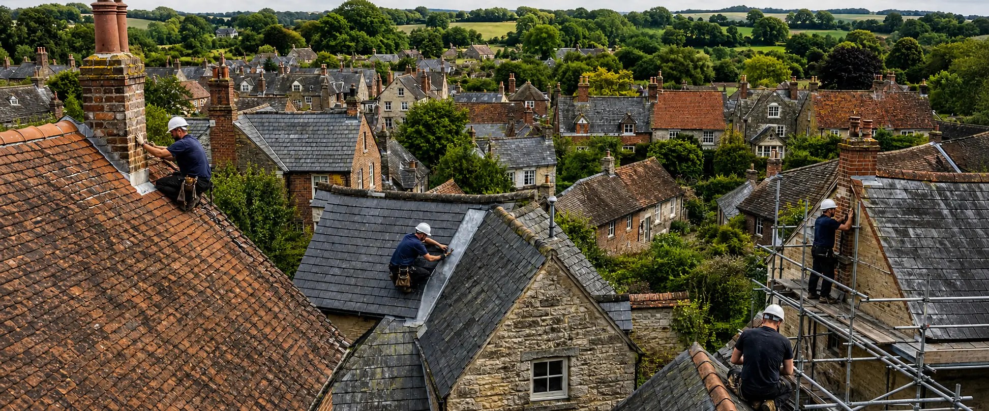 Odiham has a High Street lined with listed Georgian and earlier frontages, sitting inside a conservation area, and roofs to match: clay plain tile, natural slate, steep and often altered pitches, parapets, valleys, hidden gutters and substantial chimney stacks. On buildings like these the covering is rarely what fails. Water gets in at the lead, the valleys, the flaunching and the pointing, and finds its way into walls and ceilings some distance from the entry point. Around the town, North Warnborough, Greywell and the surrounding villages bring cottages, some thatch, farmhouses, barns and outbuildings, along with twentieth century housing on the edges of the village and modern development beyond. We handle the full range, from repointing a listed chimney and renewing a lead valley to recovering a 1970s roof or replacing a garage flat roof. Every job gets a survey and a written quotation before anything is booked in.