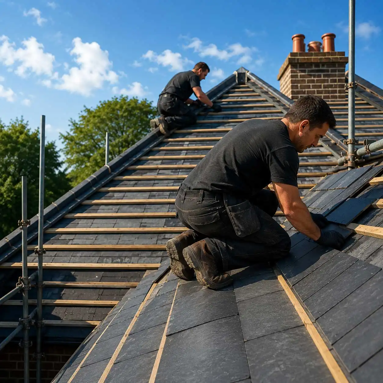 Roofers installing slate tiles on a steep residential roof with exposed timber battens, chimney, and scaffolding under a clear blue sky