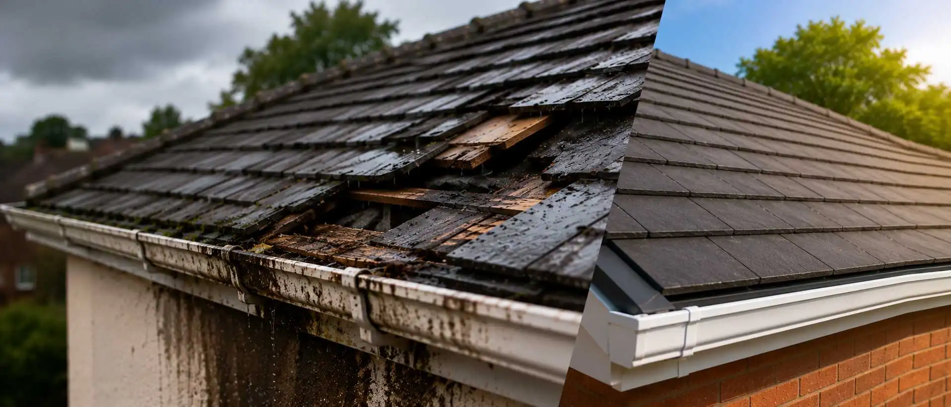 Split-view residential roof showing damaged, moss-covered tiles and rot on one side and a clean, newly repaired tiled roof with intact guttering on the other, illustrating before-and-after roof restoration