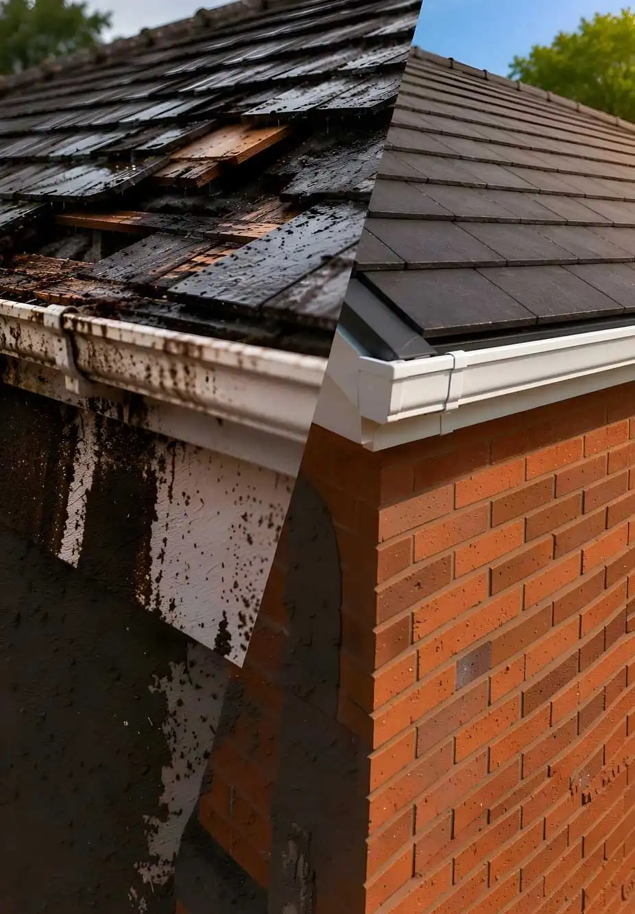 Before and after roof comparison showing deteriorated, leaking tiles with structural damage versus a fully restored roof with clean slate tiles and new gutter system