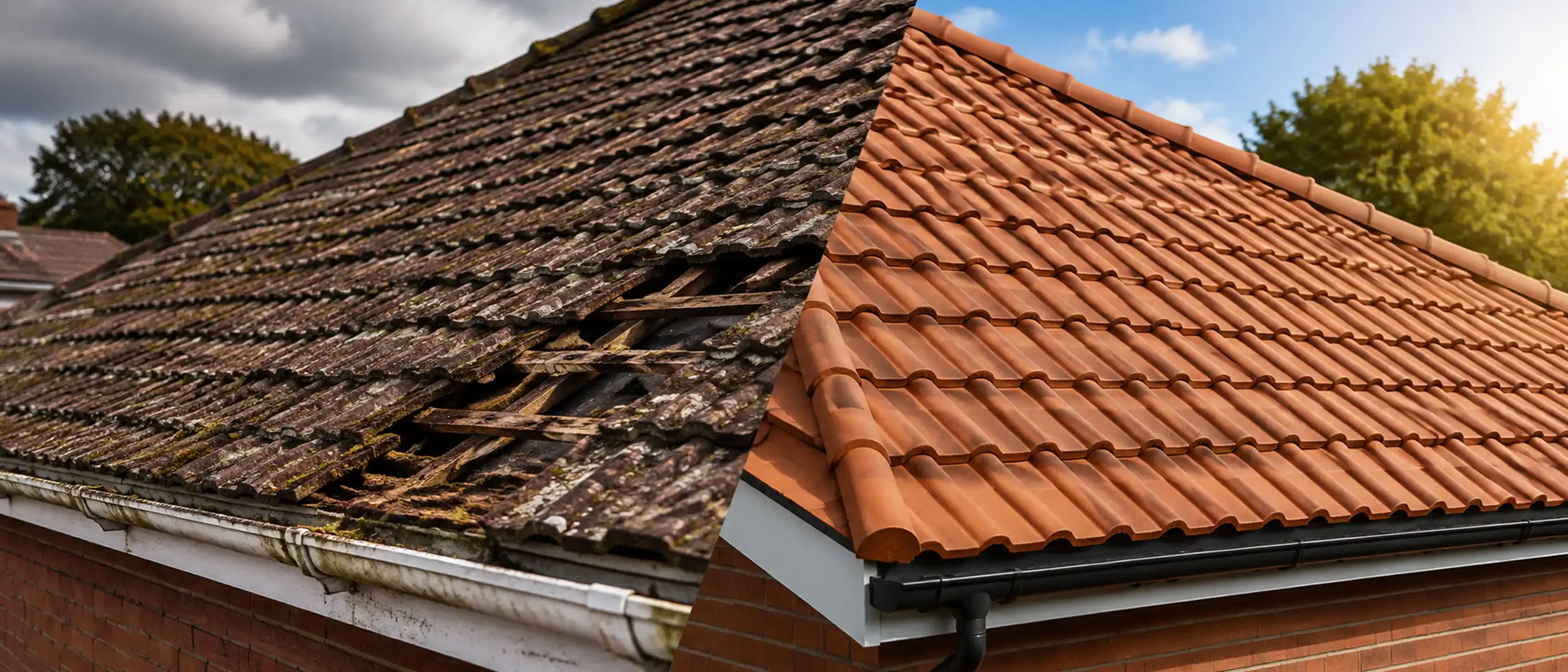 Split-view roof comparison showing heavily damaged, moss-covered tiles with exposed timber on one side and a clean, newly installed terracotta tiled roof with modern guttering on the other, illustrating before and after roof replacement