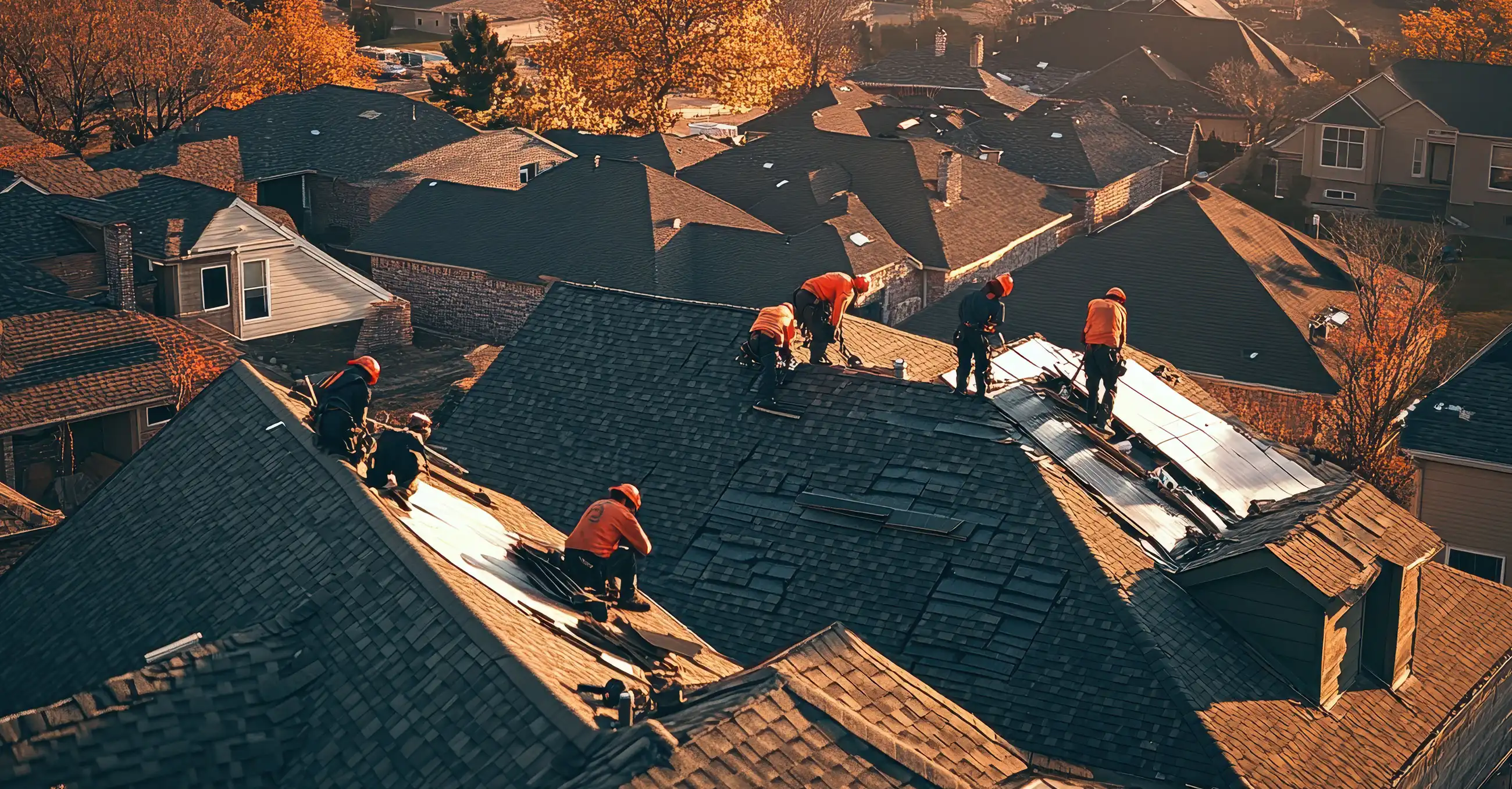 aerial view of roofing contractors installing asphalt shingles on residential house roof in suburban neighborhood during autumn renovation work