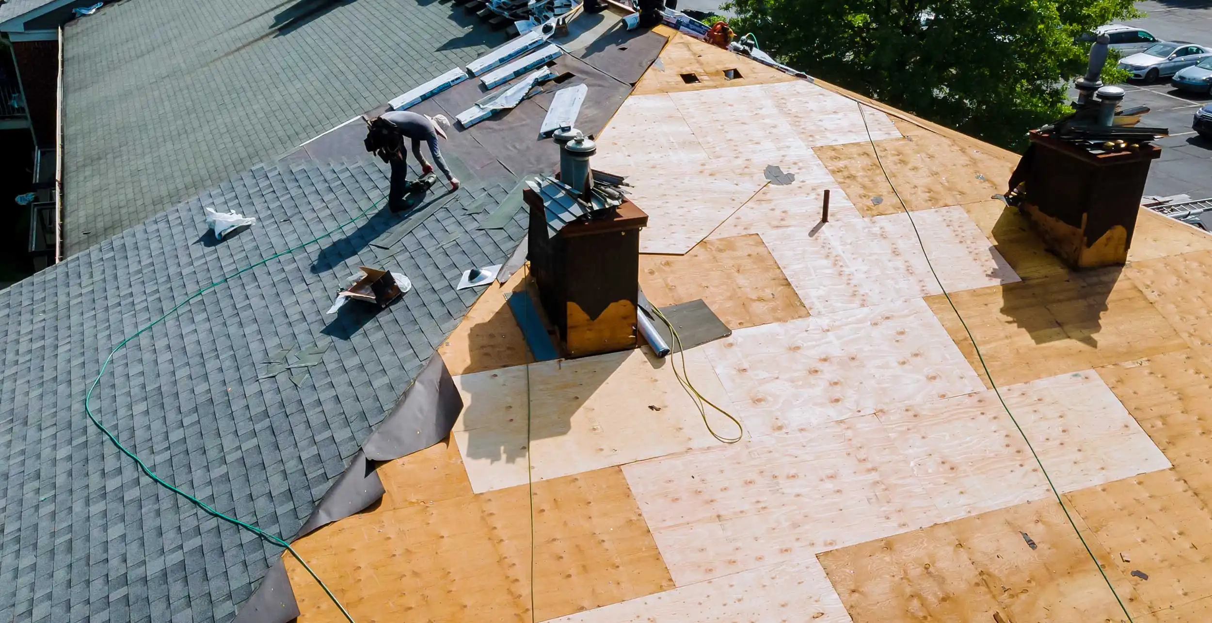 Collage of roofing projects showing slate roof installation, breathable membrane and battens, fascia and guttering, flat roofing, and before-and-after roof repairs on residential properties