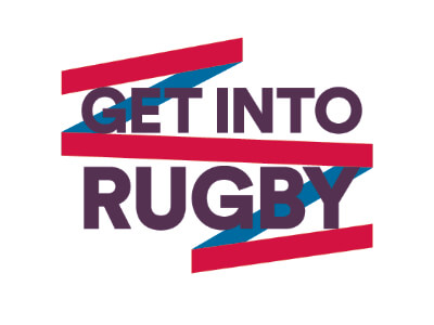 "Get Into Rugby" text with red and blue angular stripes behind the words.