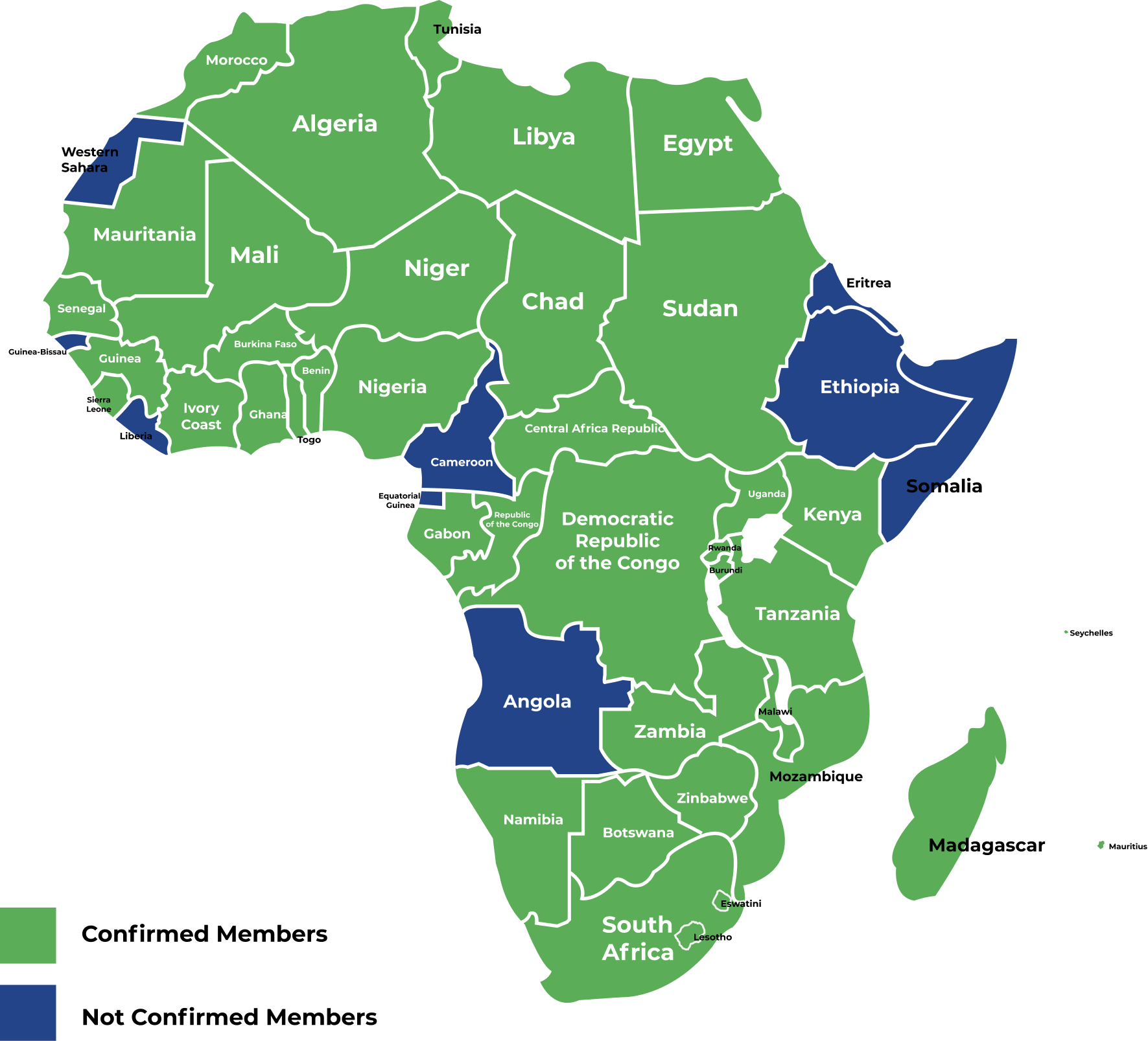 Map of Africa showing confirmed members in green and not confirmed members in blue.