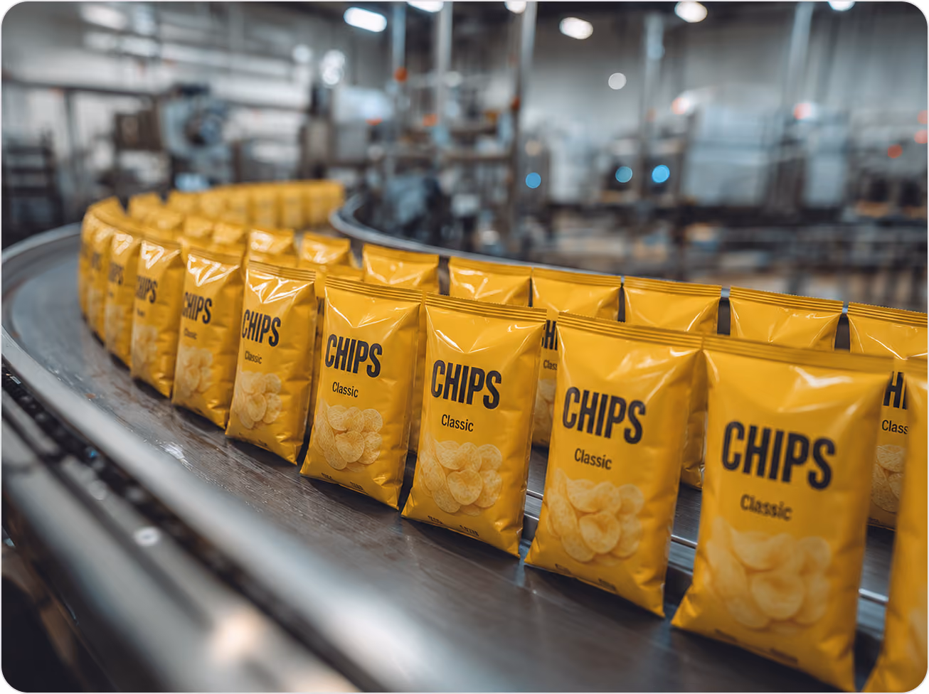Yellow bags of classic chips on a conveyor belt in a food packaging factory.