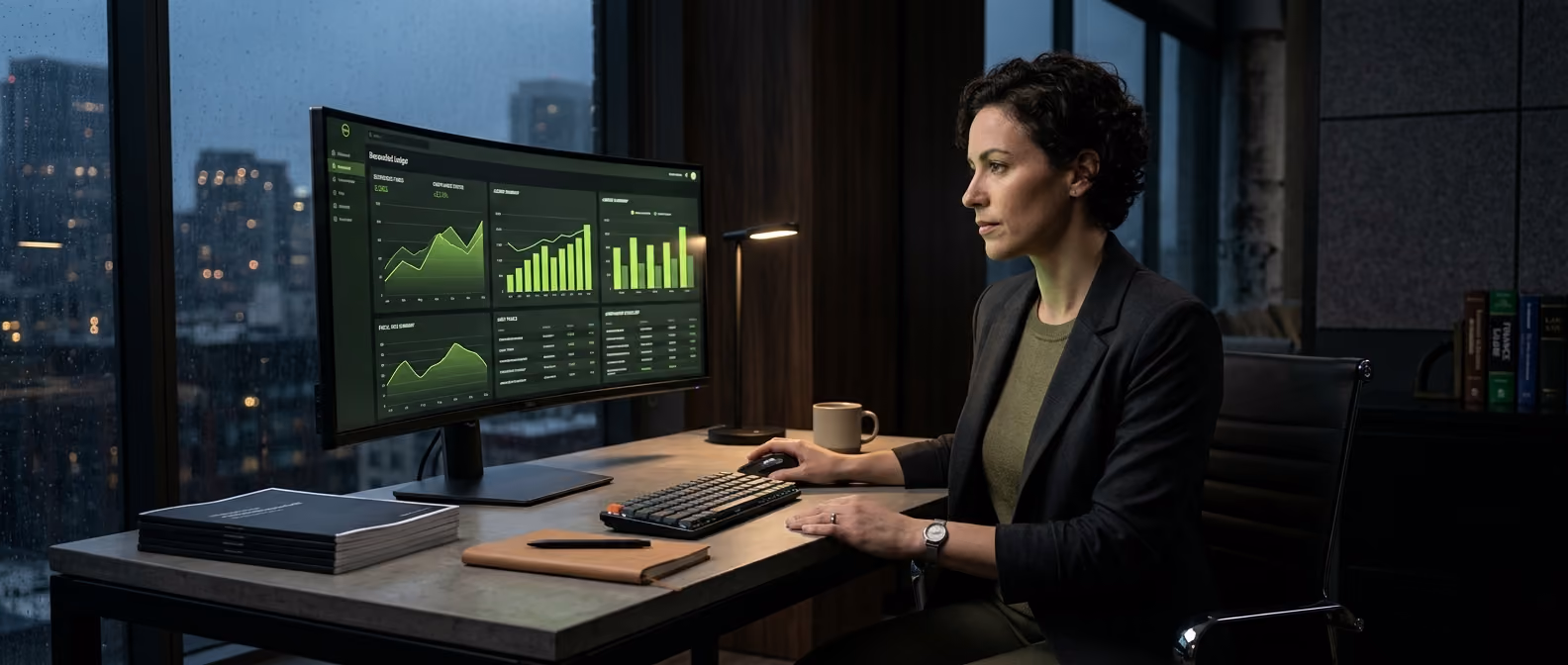 An accountant reviewing a reconciled ledger dashboard glowing in lime-green on a large monitor, in a dark modern office