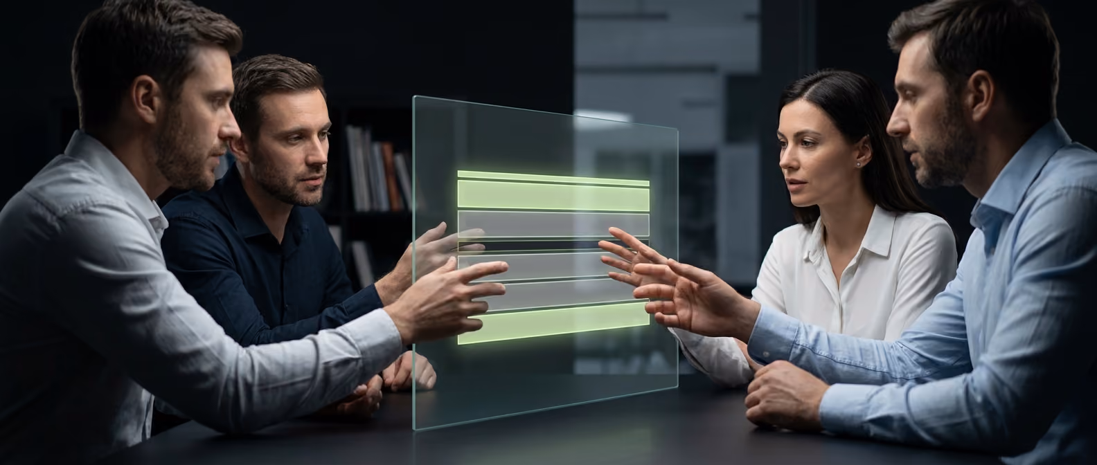 A small team reviewing a layered capital stack diagram glowing in lime-green on a glass panel together
