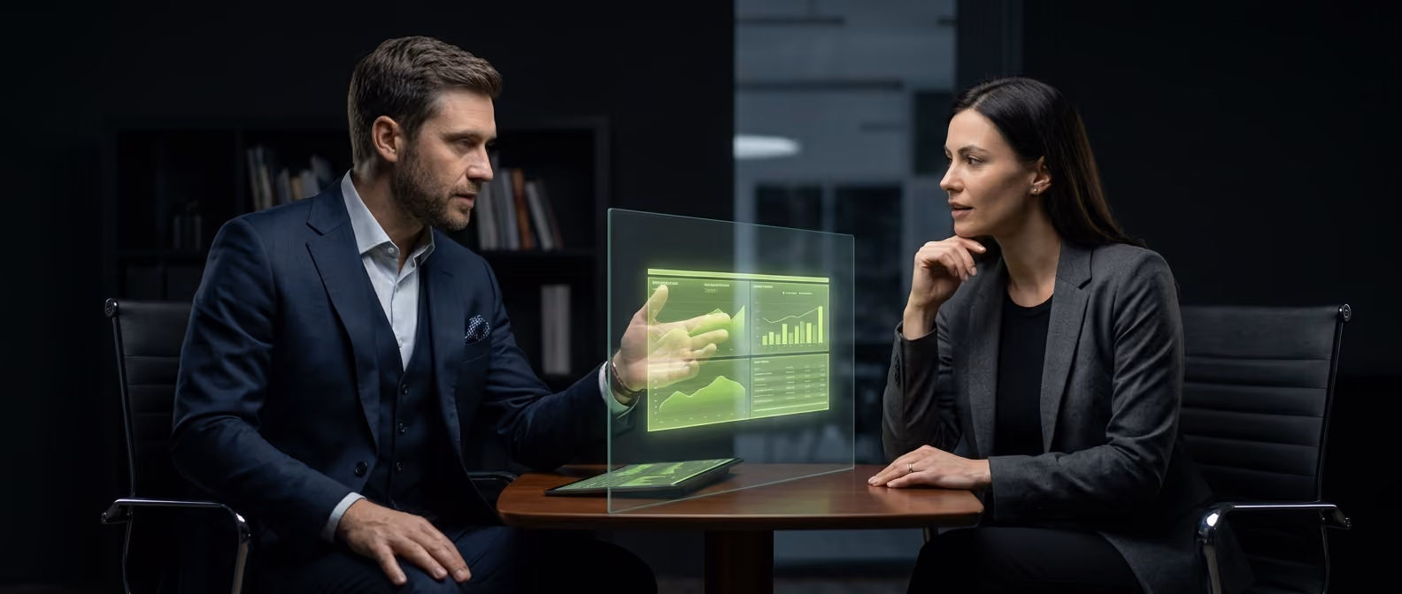 A virtual CFO and founder study a glowing financial forecast dashboard together in a dark office, lime-green trend lines on screen.