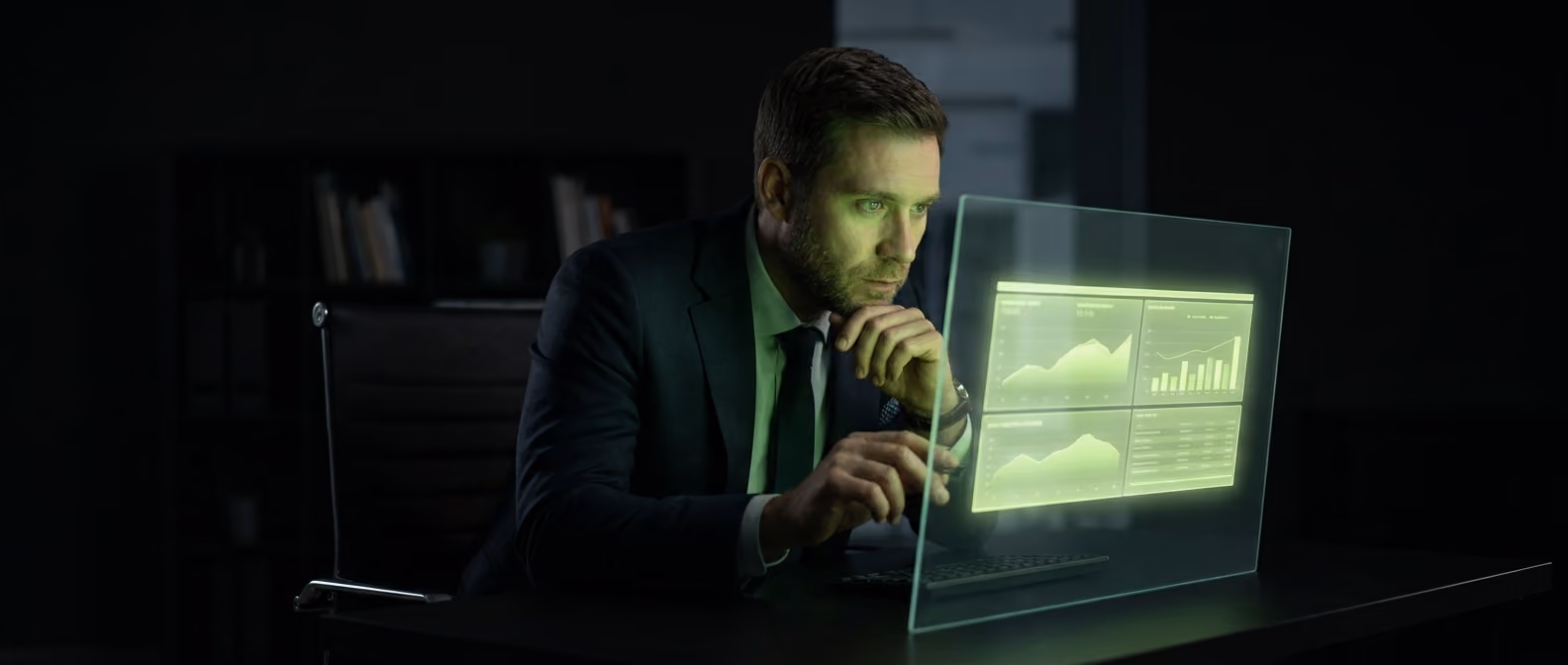 An advisor leans in toward a glowing dashboard at a moment of discovery, soft lime-green light highlighting an eligible grants item.