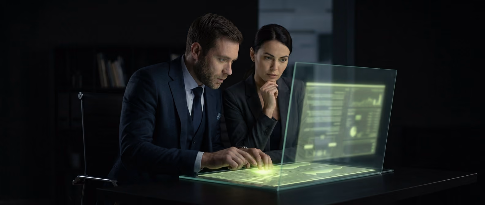 A commercial lawyer and business owner review a corporate structure chart on a glowing dark dashboard, lime-green nodes linking entities.