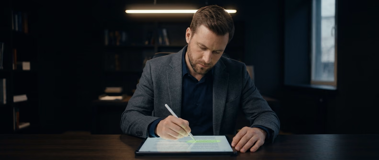 A lawyer marks up a contract clause on a glowing dark-mode screen, lime-green edits appearing as a founder looks on.