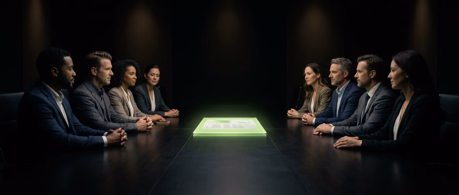 Two advisors lean over a deal-room dashboard on a dark screen, lime-green highlights tracing deal milestones between them.