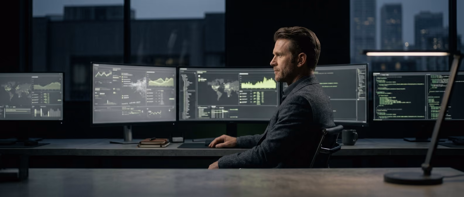 A security specialist studies a glowing threat-monitoring dashboard in a dark room, lime-green alerts highlighting flagged activity.