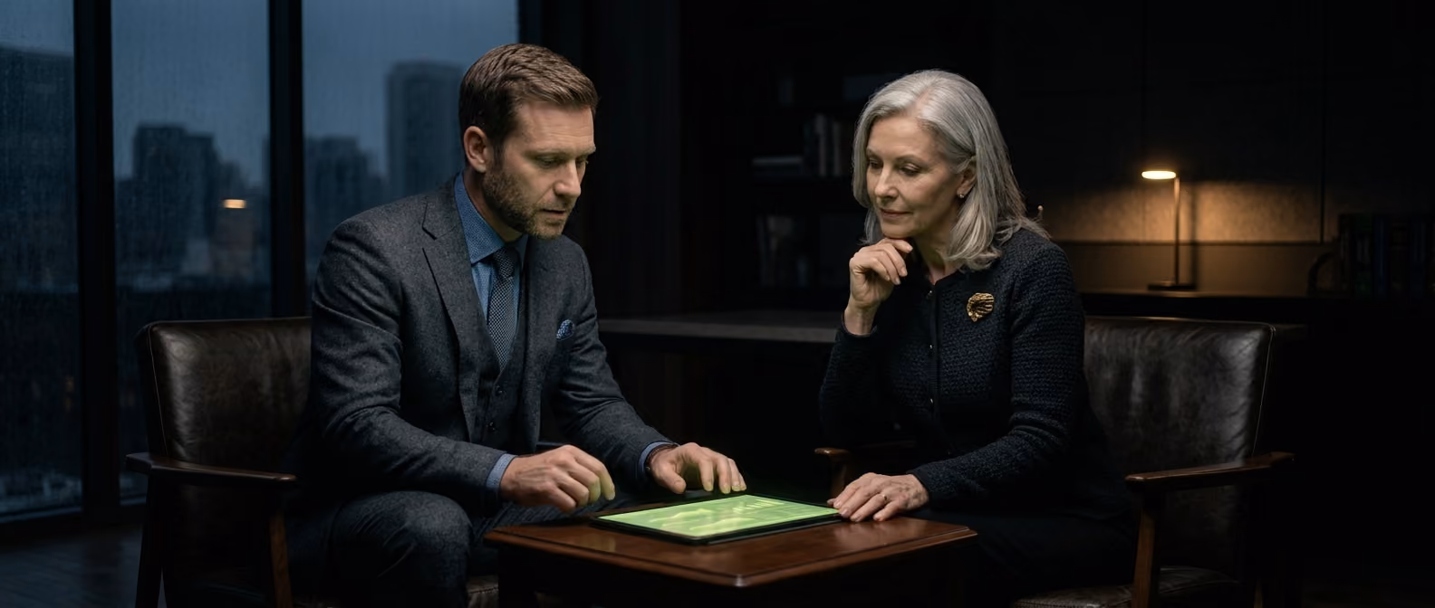 A wealth advisor and client review a personal portfolio dashboard on a dark glowing screen, lime-green growth lines tracking performance.