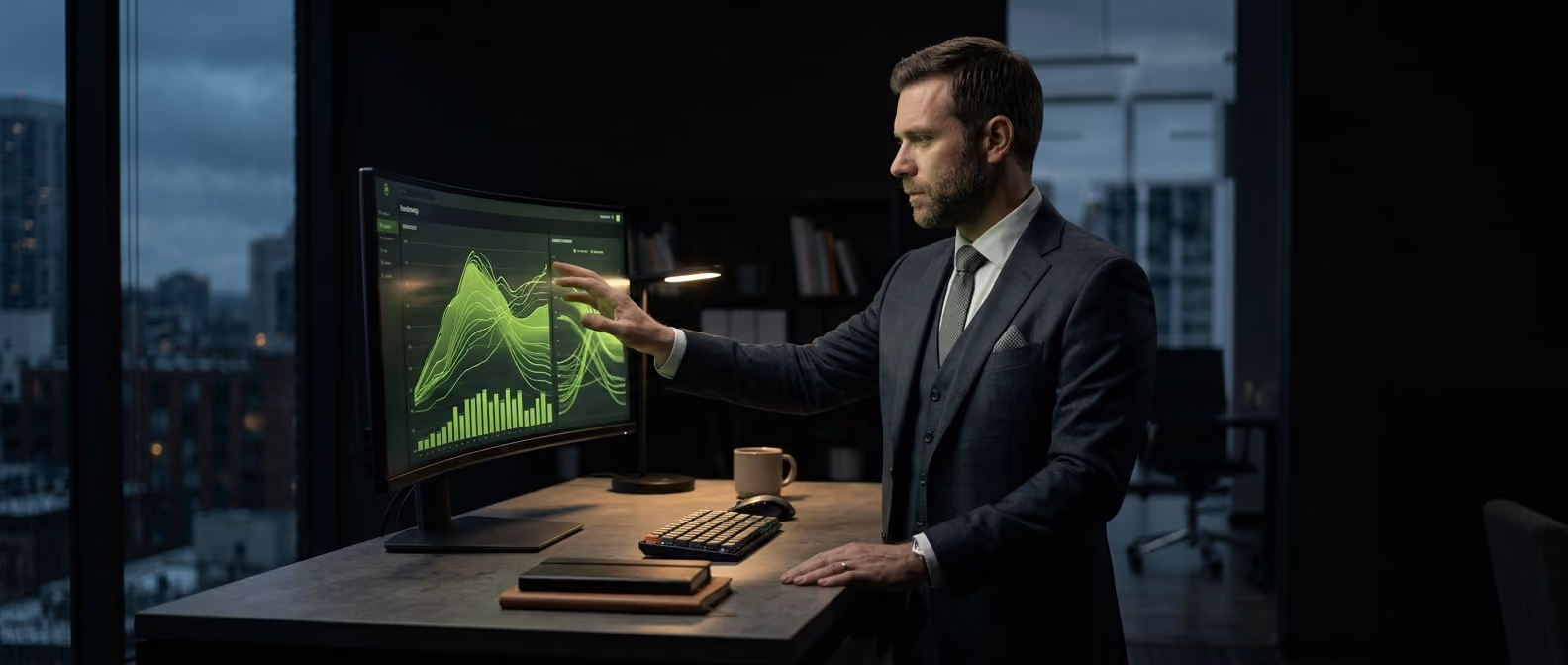An advisor and founder review a lending or finance-structure dashboard on a glowing dark screen, lime-green terms highlighted between them.