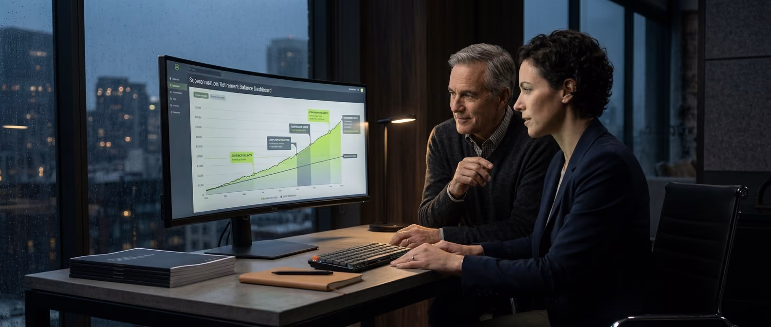 An advisor and client review a superannuation dashboard on a dark glowing screen, lime-green highlights tracking contribution milestones.