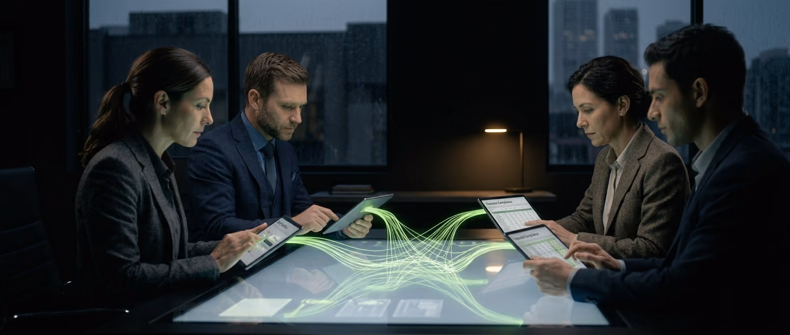 A team of Zerix advisors review a glowing financial forecast and capital stack dashboard together.