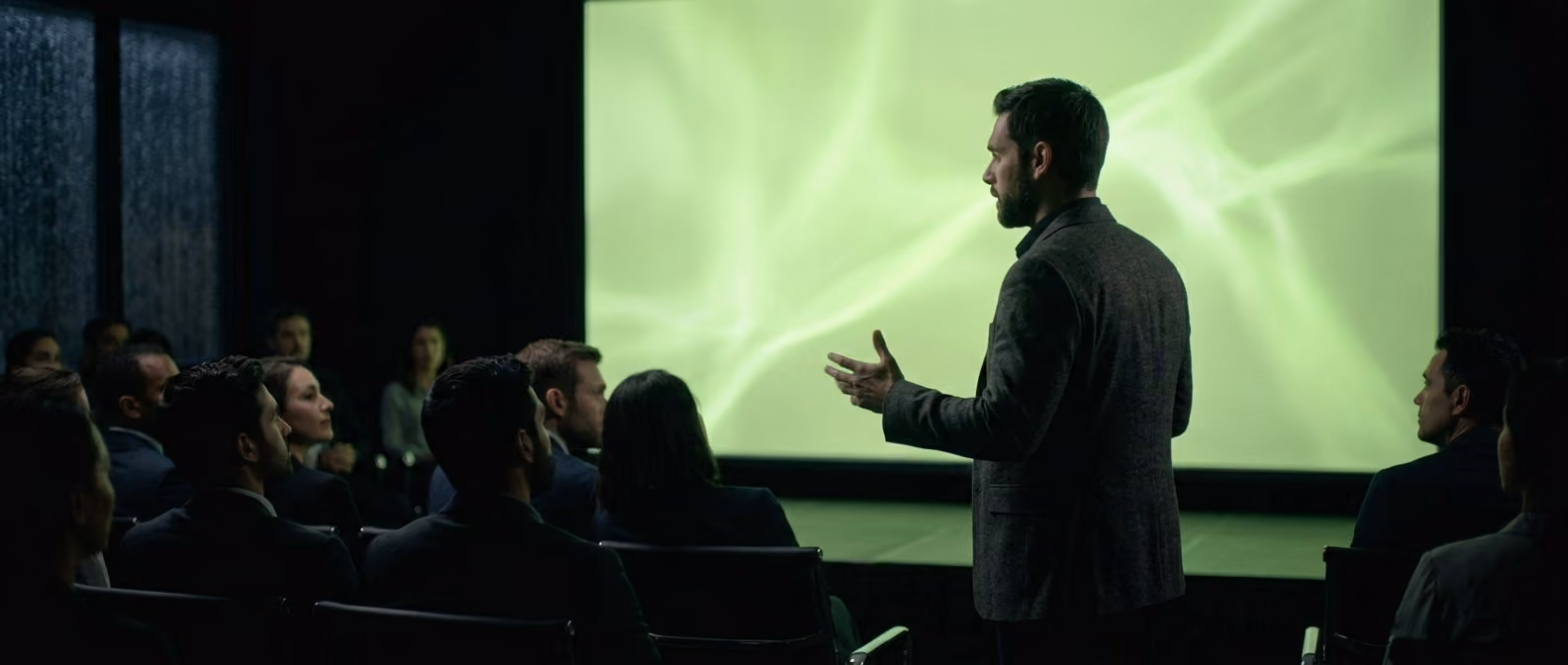 A speaker mid-gesture in front of an engaged seated audience in a dark venue, a glowing lime-green lit screen behind them.