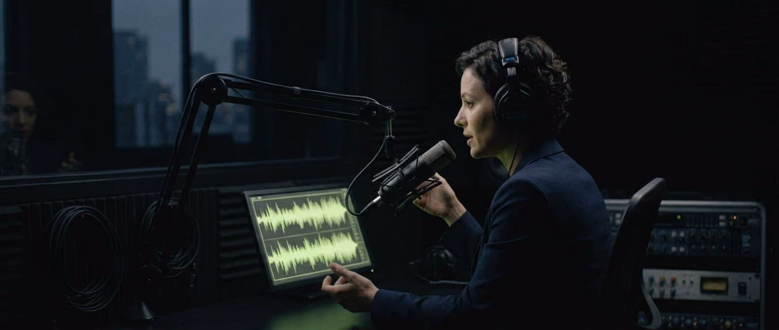 A host leans into a microphone in a dark recording studio, lime-green glow from a nearby waveform display lighting one side of their face.