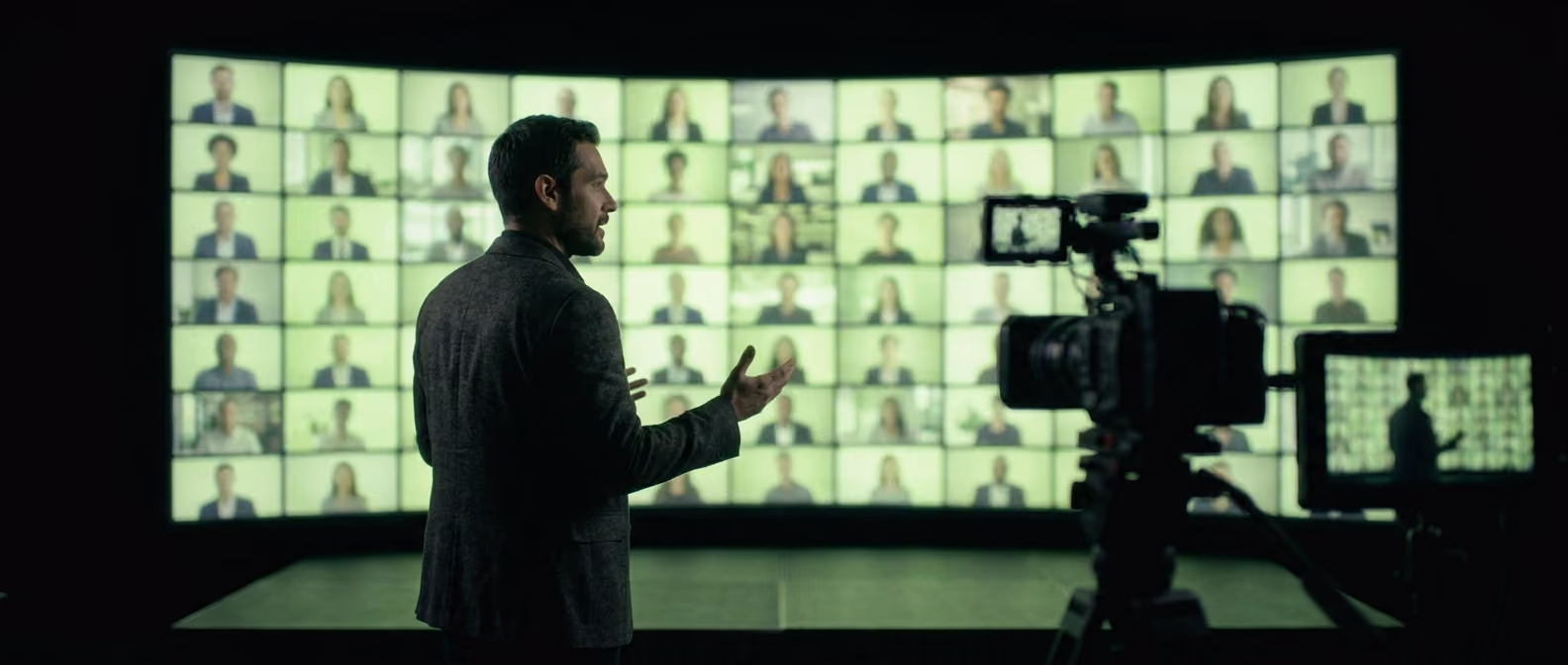 A facilitator teaches an online cohort in a dark studio, a screen behind them showing a grid of glowing lime-green participant tiles, camera in the foreground.