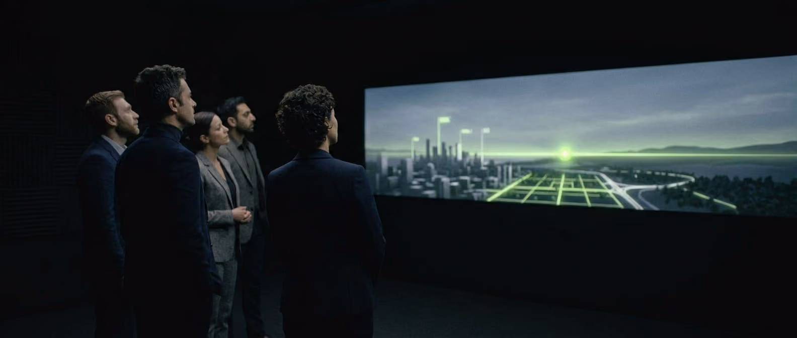 A small group looks toward a distant glowing horizon-line display, lime-green light marking a fixed point in the distance.