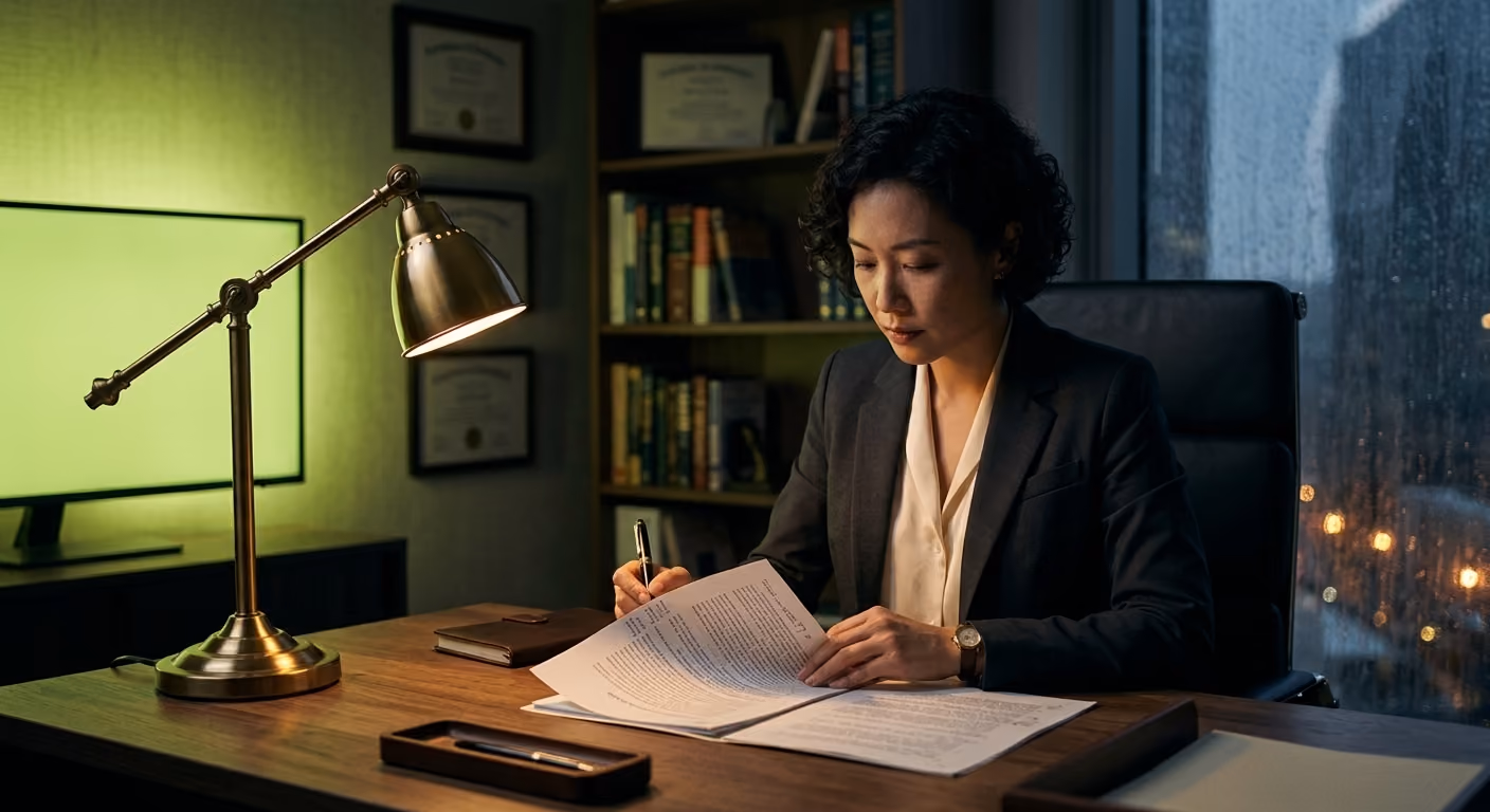 A Zerix lawyer reviews a signed agreement on a glowing document dashboard.