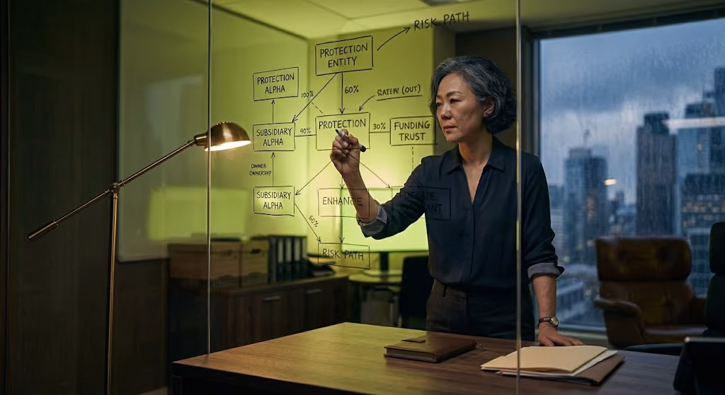 A Zerix wealth adviser reviews a client's portfolio and protection structure on a glowing dashboard.
