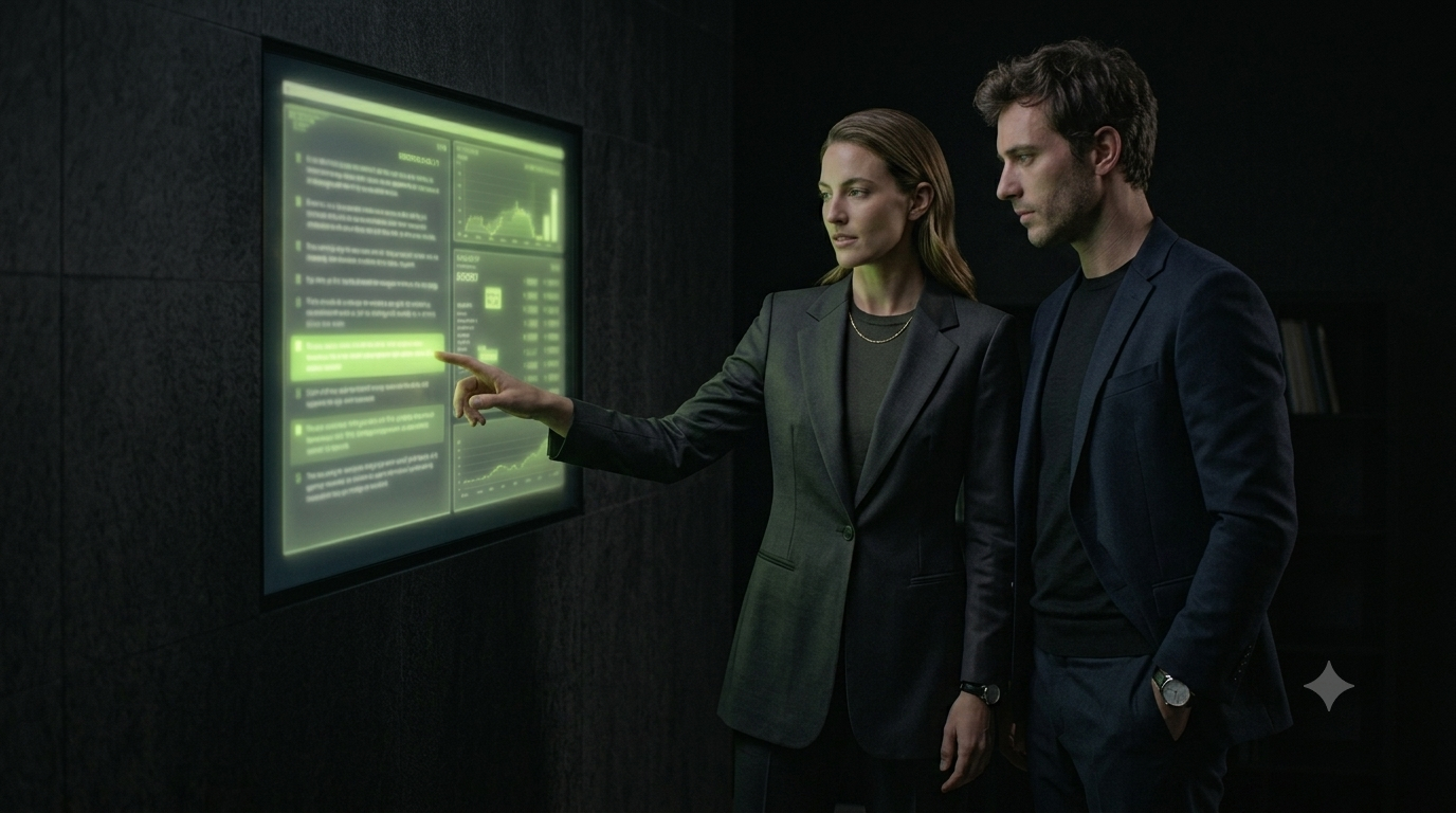 A founder and a Zerix advisor in sharply tailored modern dress review a glowing green data readiness dashboard together.