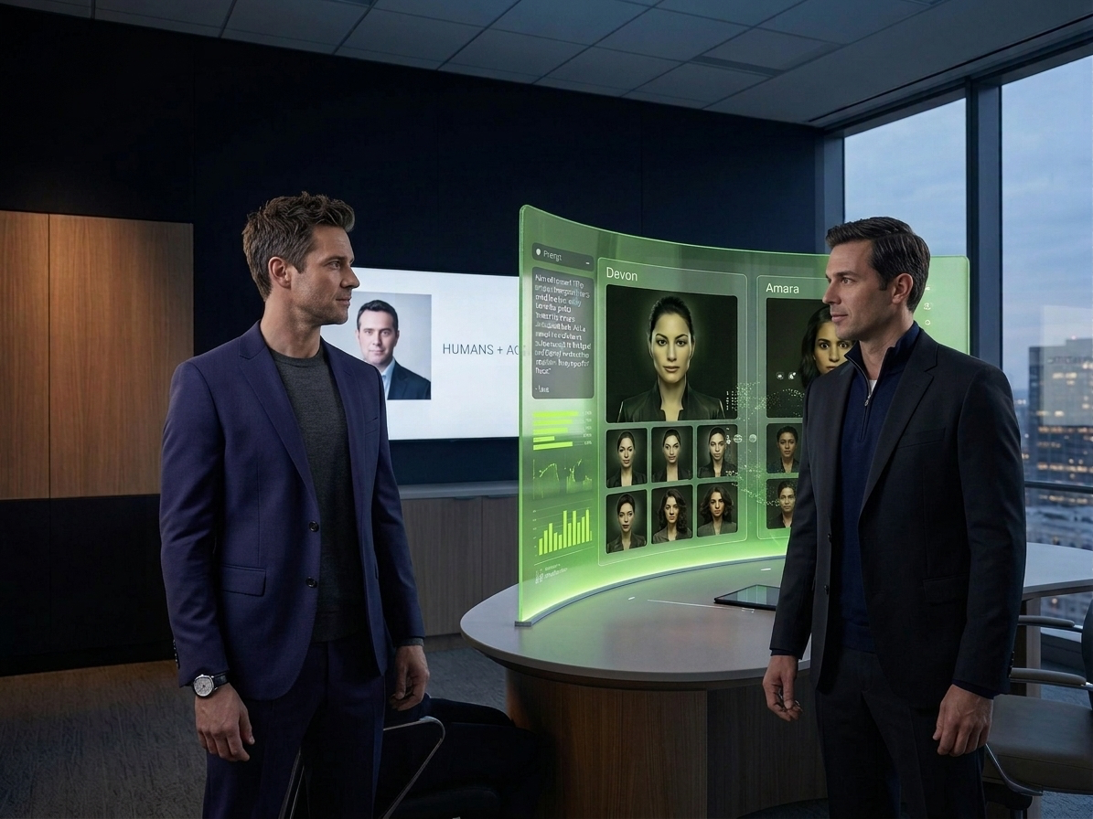 Two Zerix advisors in sharply tailored modern dress review named digital agentic profiles on a curved holographic screen, illustrating humans and agentics working together.