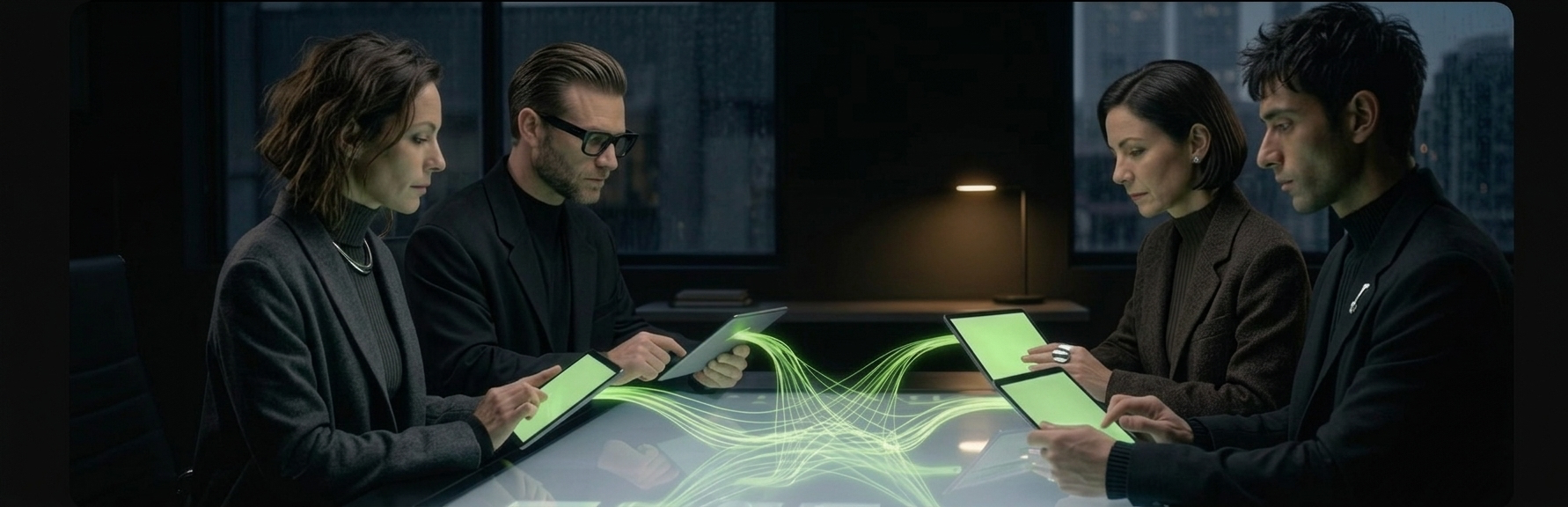 Four Zerix advisors in sharply tailored modern dress, representing the four practice pillars, connected across a table by glowing lime-green data threads.