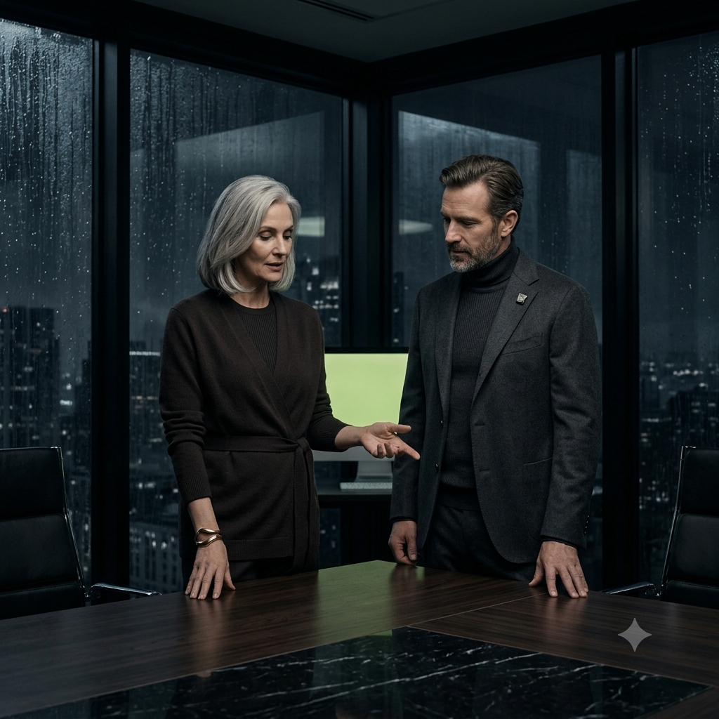 A man and a silver-haired woman in sharply tailored modern dress discuss wealth strategy together in a moody office.