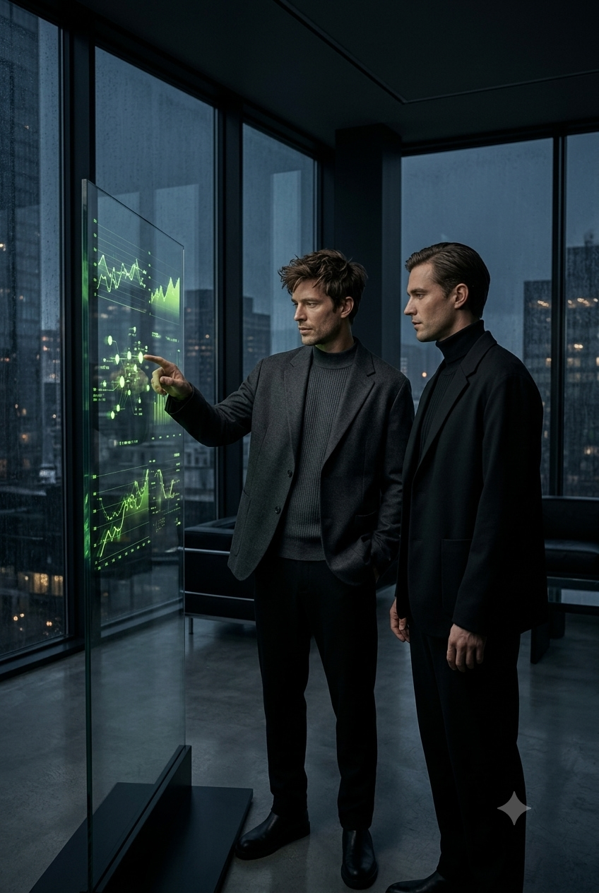 Two founders in sharply tailored modern dress review live growth data on a glowing green vertical screen.