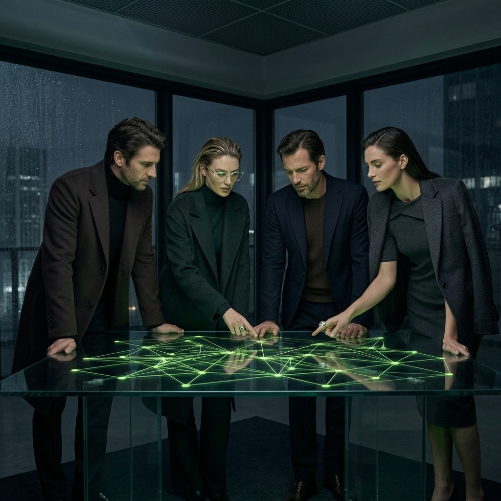Four business leaders in sharply tailored modern dress work together around a glowing green network data table.