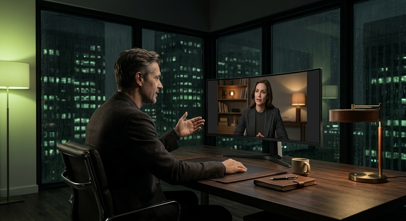 A general counsel in sharply tailored modern dress reviews a glowing contract dashboard with a founder on a video call in a moody office at night.