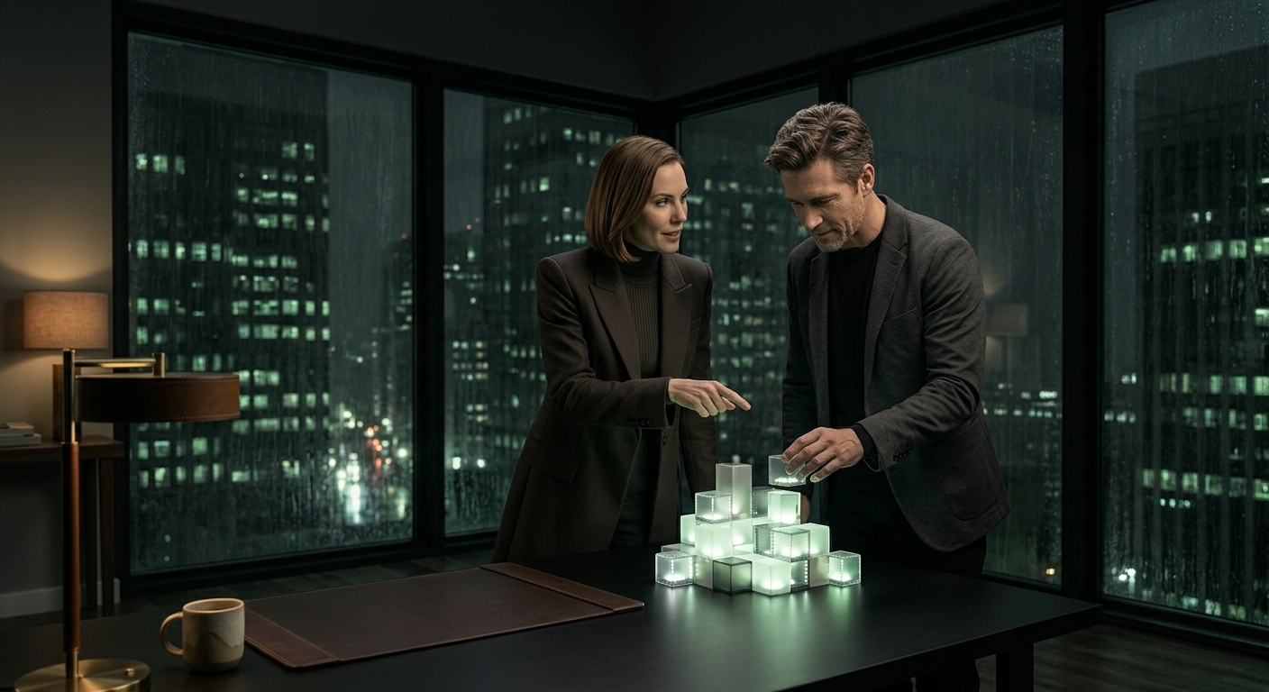 A tech advisor and founder in sharply tailored modern dress assemble a glowing modular system architecture together at a dark desk.